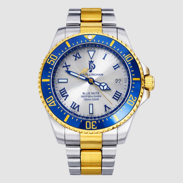 Blue Note Deepsea Diver — front facing, two-tone steel and gold