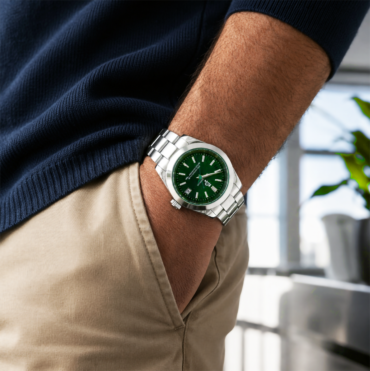 The Cotton Club 40mm — luxury wrist shot, navy sweater