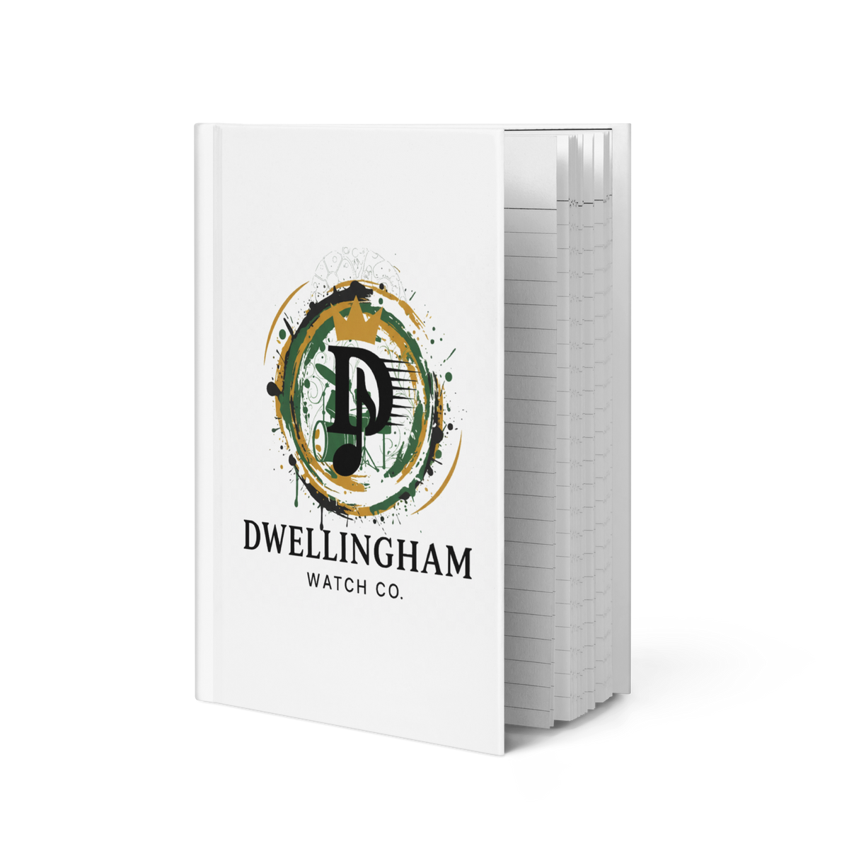 White notebook with Dwellingham Watch Co. logo on a white background