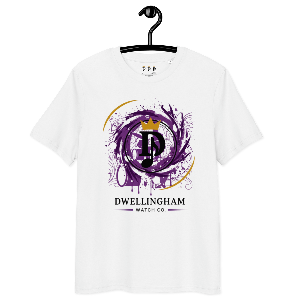 Dwellingham Watch Co Purple Crown Tee white front view on hanger.