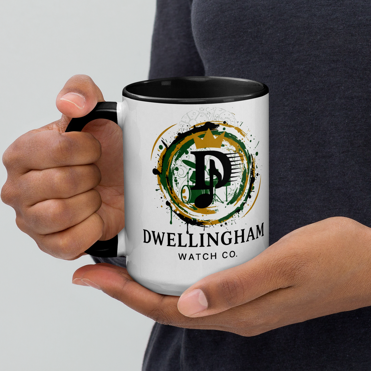 Dwellingham Watch Company mug with black handle and inside, lifestyle view.