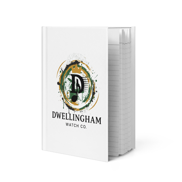 White notebook with Dwellingham Watch Co. logo on a white background
